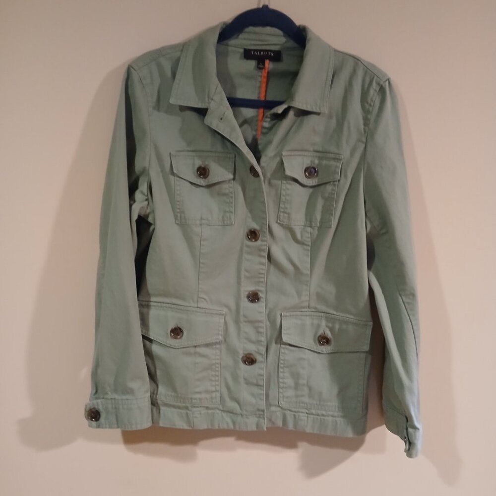 Talbots green jacket Sz L -laces in back of jacket (see pics)